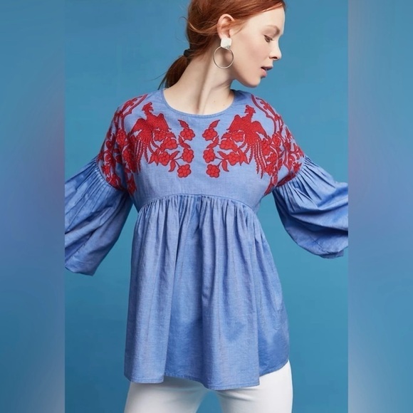 Anthropologie Hemant & Nandita Blue Lianna Embroidered Blouse Size S - Picture 2 of 16